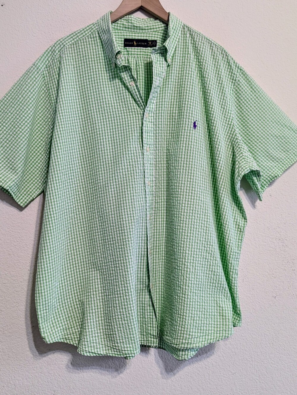 Ralph Lauren Shirt Seersucker Green White Gingham Short Sleeve Sz 2XB Pony